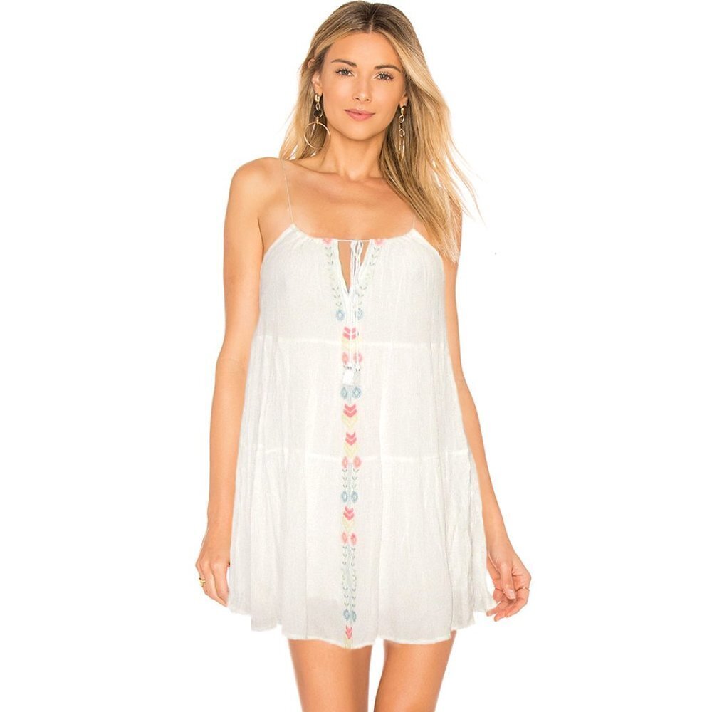White Crepe Embroidered Drawstring Dress Small